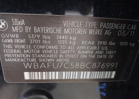 2011 BMW 535I xDrive z USA, uszkodzony, nr VIN WBAFU7C58BC876991